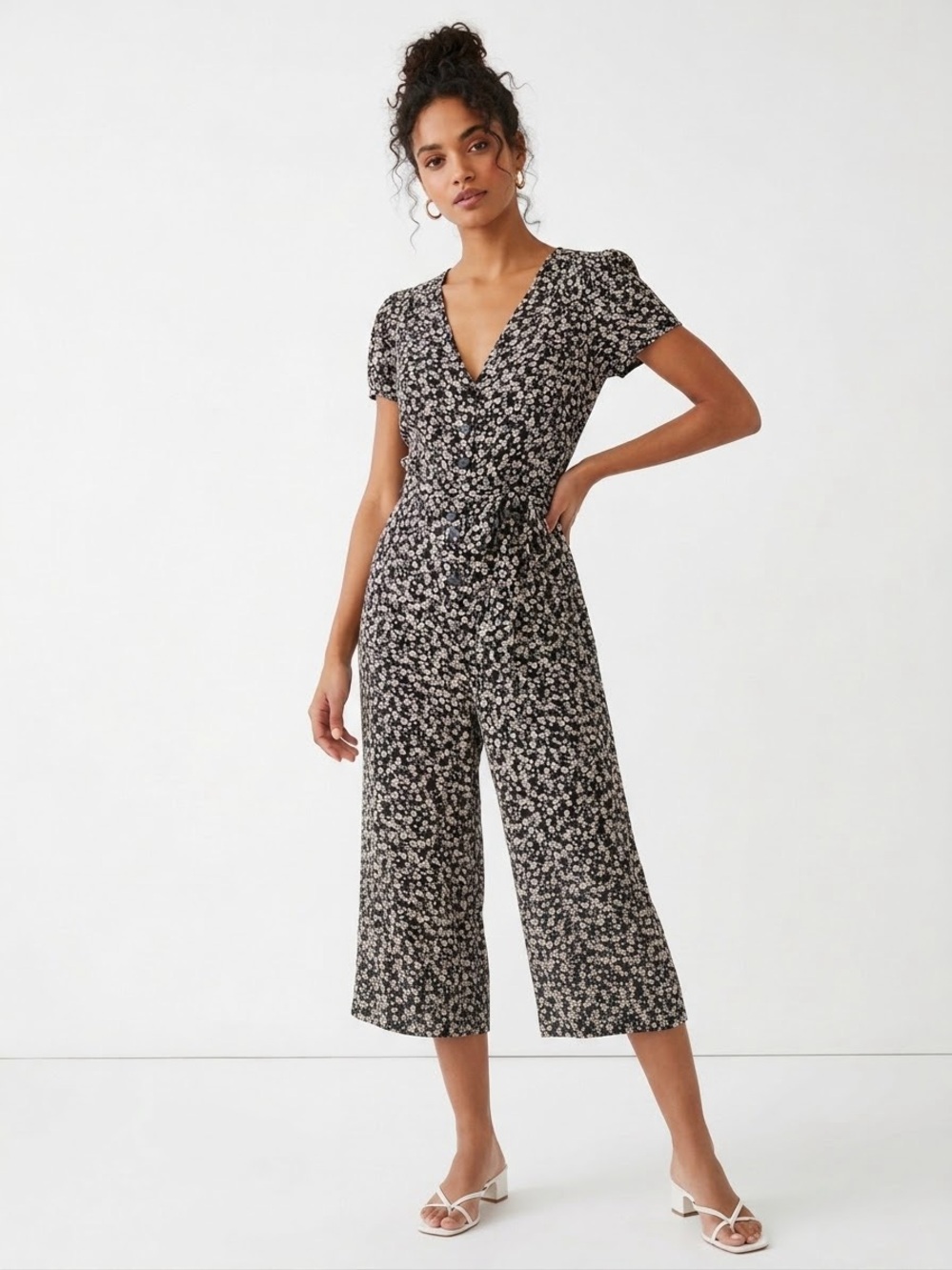 Free People Black Floral V-Neck Wide-Leg Jumpsuit